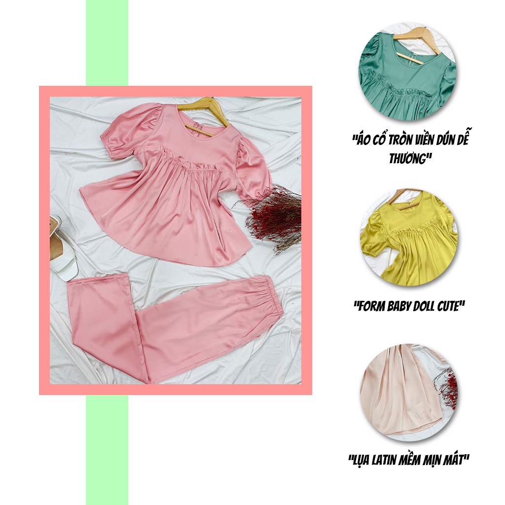 Đồ bộ mặc nhà SBORG bộ pijama lụa latin áo tay phồng babydoll dễ thương đáng yêu phối quần dài có túi freesize dưới 60kg