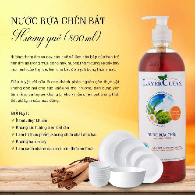 Nước rửa chén bát hữu cơ Layerclean hương Quế 800ml