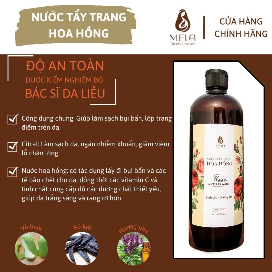 Nước Tẩy Trang Hoa Hồng Mela, làm sạch dịu nhẹ, rất tốt cho da mụn 500ml