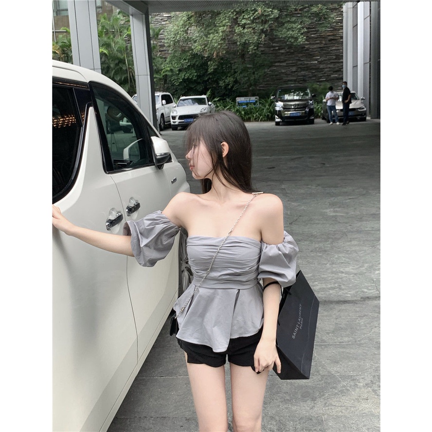 Áo Sơ Mi Ngắn Tay Lệch Vai Màu Xám Phong Cách Pháp Thời Trang Mùa Hè Quyến Rũ Cho Nữ