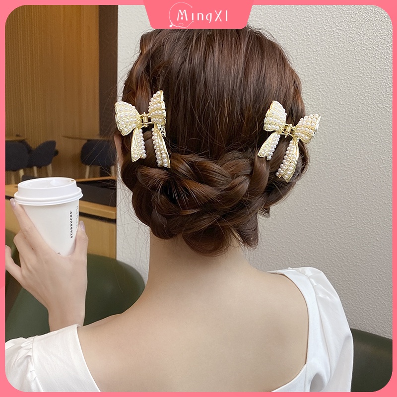 Kẹp Tóc Kim Loại Hình Nơ Đính Ngọc Trai Nhân Tạo Thời Trang