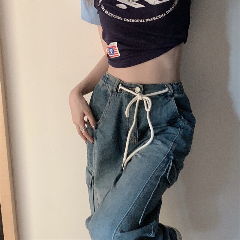 Quần Jean Lưng Cao Ống Suông Rộng Thời Trang Retro Hiphop Cá Tính