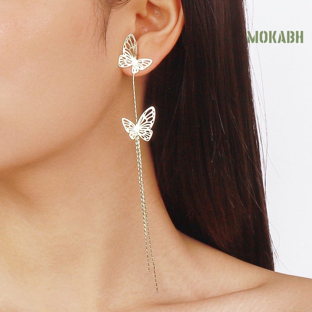 Bông Tai Dáng Dài Hai Lớp Bằng Kim Loại Hình Bướm Thời Trang Dự Tiệc Cho Nữ