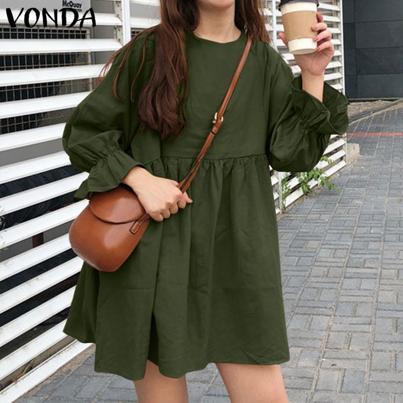Đầm ngắn VONDA tay dài xếp nếp 1 màu thời trang ngày nghỉ cho nữ | BigBuy360 - bigbuy360.vn