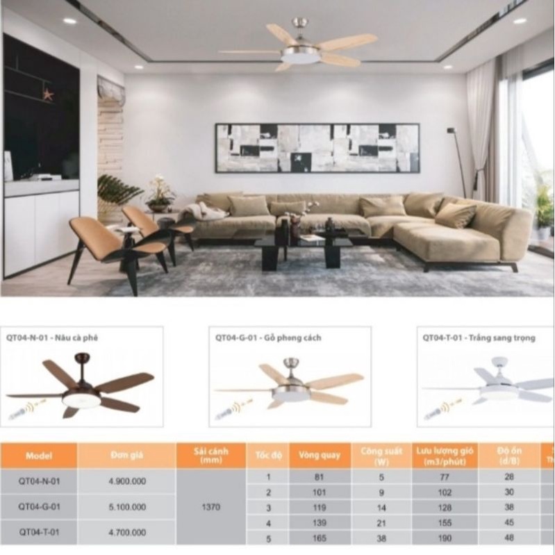 Quạt trần 5 cánh Asia QT04, có Đèn Led và điều khiển từ xa, động cơ DC cao cấp, bảo hành 2 năm