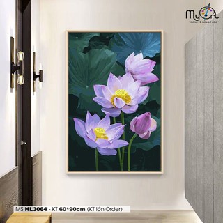 Tranh sơn dầu số hóa tô màu theo số Myart - Tranh hoa sen hồng khổ to treo tường phòng khách HL3064