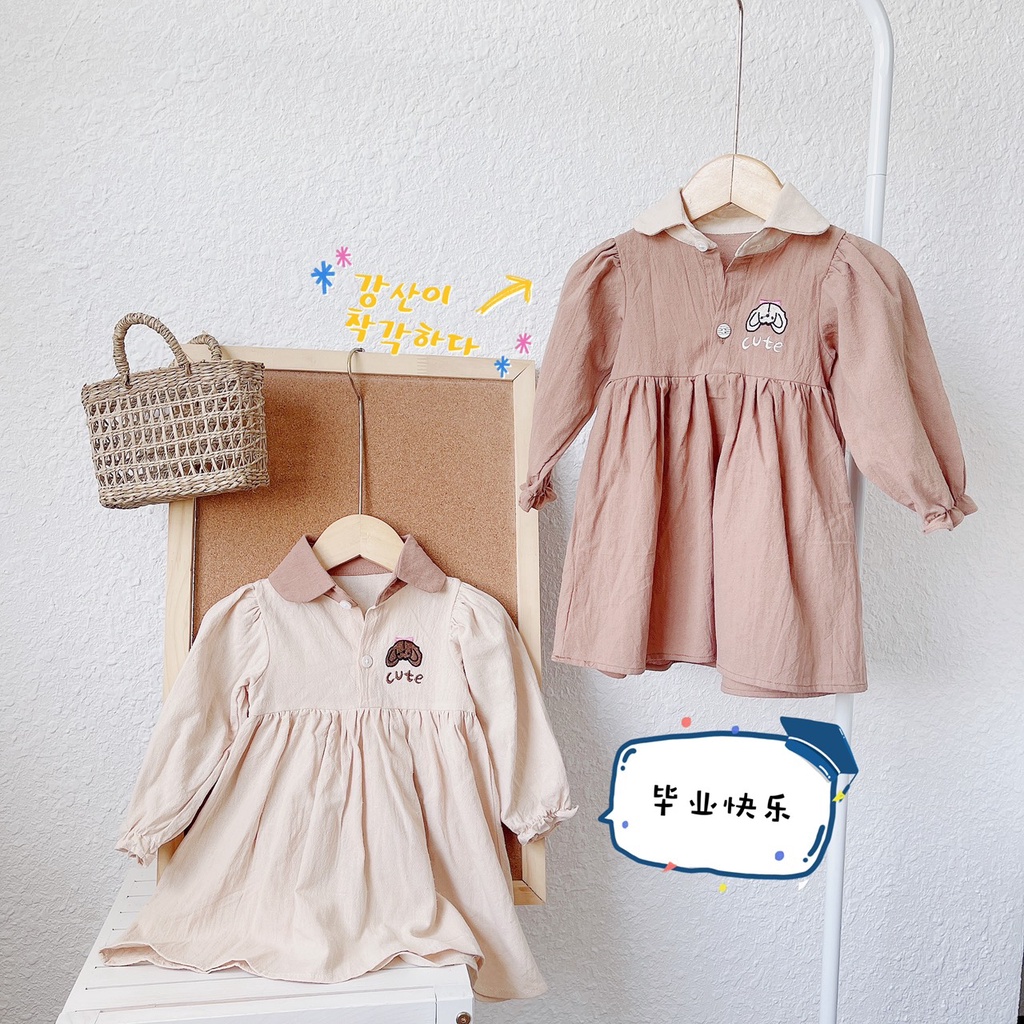 Váy thu dài tay cổ sơ mi thêu cún chất thô cara cho bé gái 1-5 tuổi