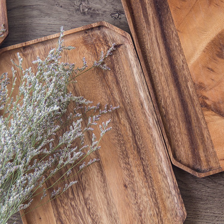 Khay Gỗ cây keo hình Bát giác (Màu Nâu Đậm)