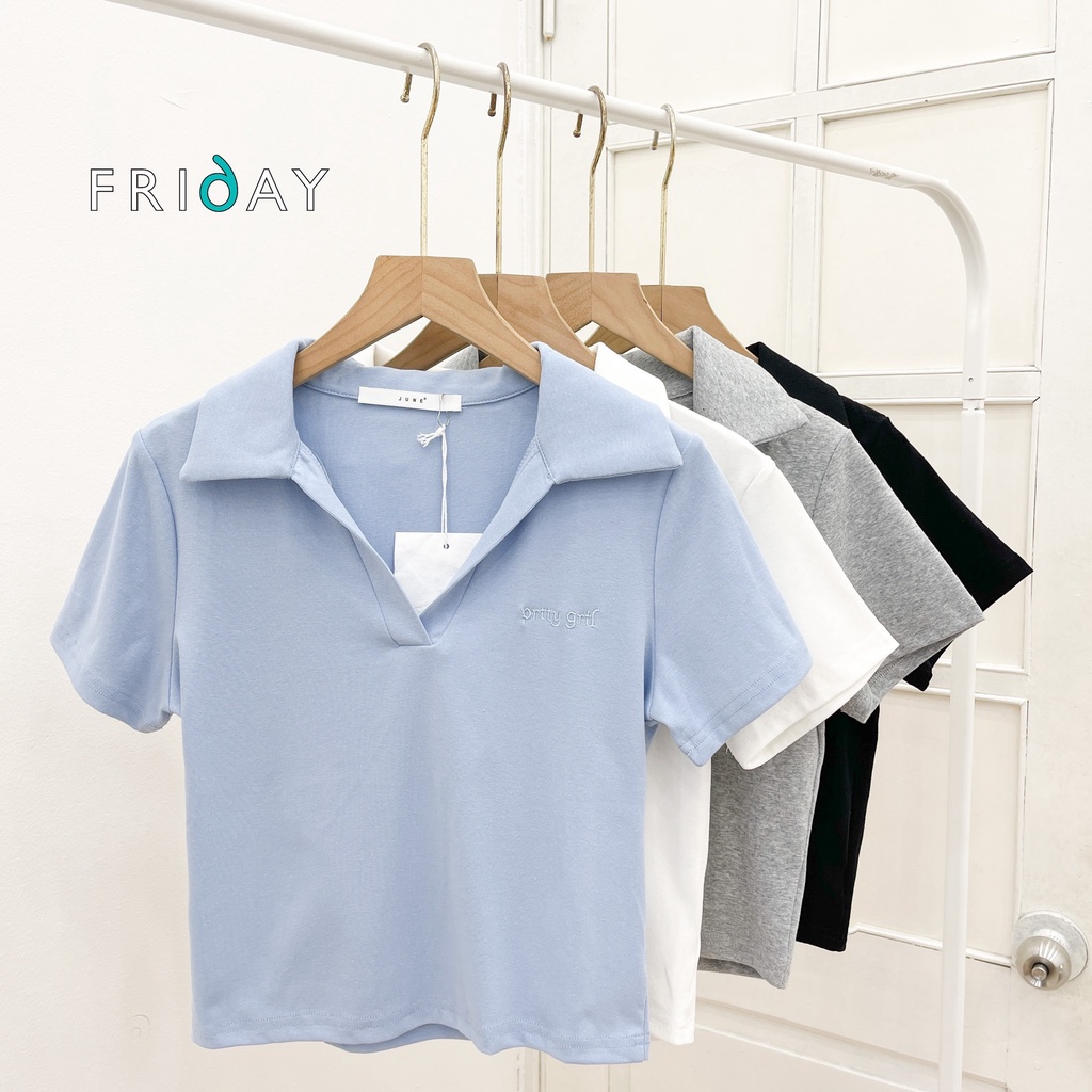 Áo polo basic Friday Hàn Quốc dáng lửng thêu chữ 2BC608A