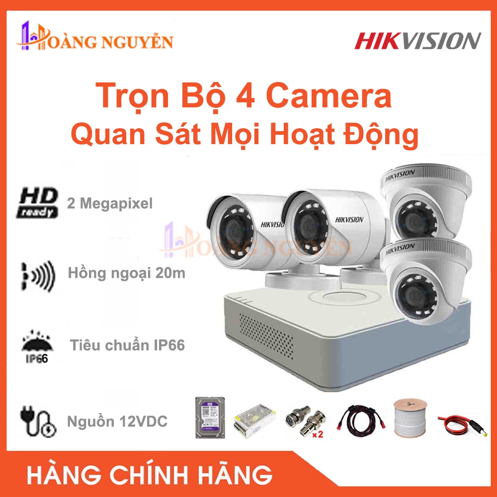 Trọn Bộ 4 Camera Hikvision 2MP DS-2CE16B2-IPF và DS-2CE56B2-IPF HD 1080P - Kèm Ổ Cứng 500G, Cáp Liền Nguồn, Nguồn tổng