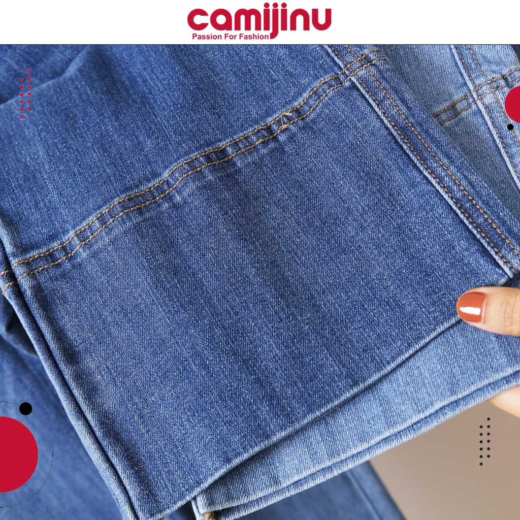 Quần Jeans Nữ Suông Túi Chéo, Gấu To, Dáng Dài Màu Xanh Đậm - Thương Hiệu Camijinu