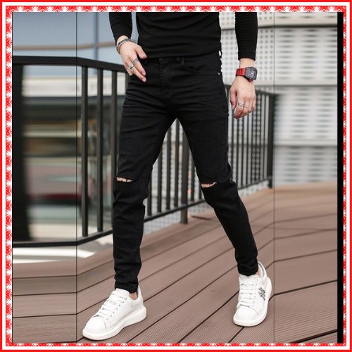 Quần Jean Nam Cao Cấp Đen Trơn Rách Gối Trẻ Trung _ Co Dãn, Không Phai Không Xù