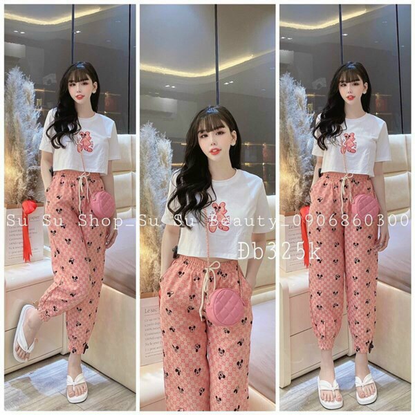 (FreeShip 2022) Bộ tole nữ dễ thương,bộ thun áo croptop in hình chuột phối quần sọc có túi,thiết kế trẻ trung cá tính