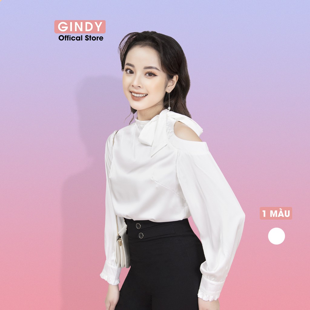 Áo sơ mi nữ kiểu cổ nơ GINDY vải lụa cao cấp tay dài dáng suông basic thanh lịch thời trang xuân hè, công sở A055