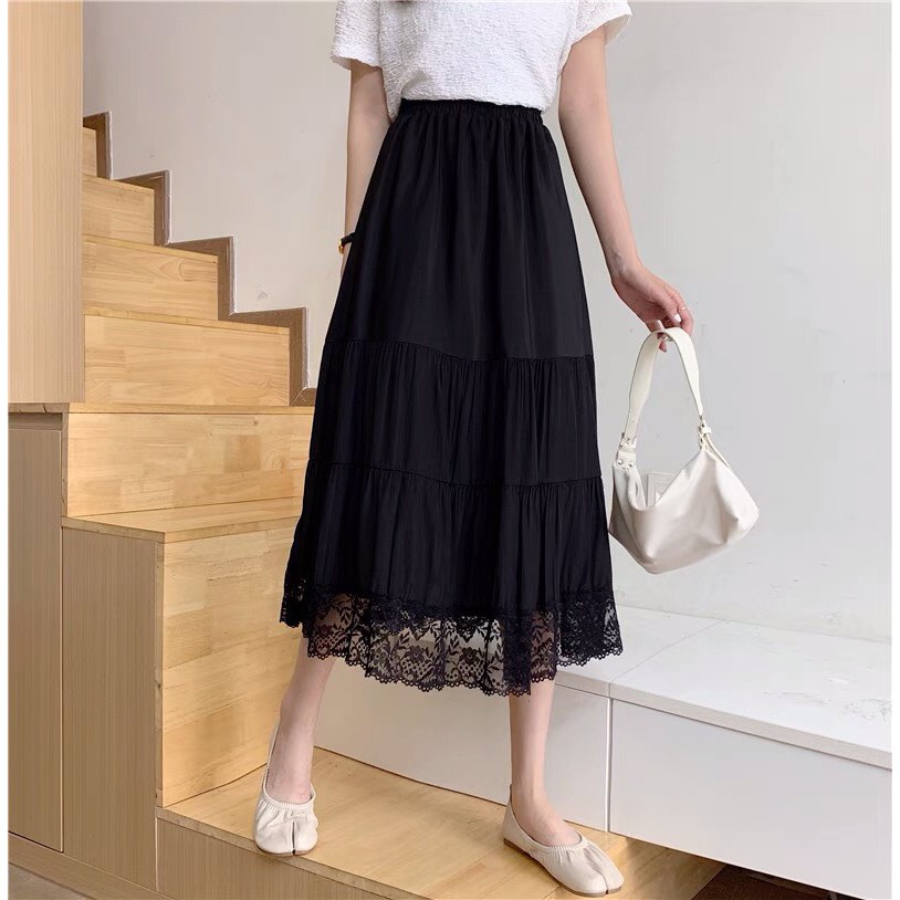 💃 Chân Váy Nữ Phối Ren Váy Vintage Dáng Dài