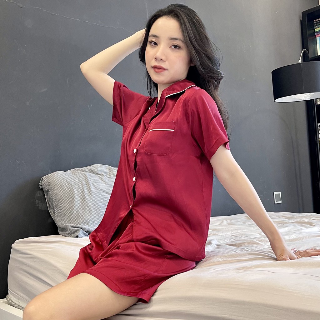 Đồ Bộ Pijama - Bộ Lụa Latin cao cấp màu đỏ đô tay ngắn quần dài, đùi [FREE SHIP]