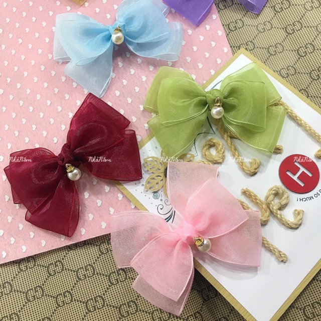KẸP TÓC NƠ RUY BĂNG VOAN NÚT THẮT ĐÍNH HẠT P2 - [Nhà Nấm handmade]