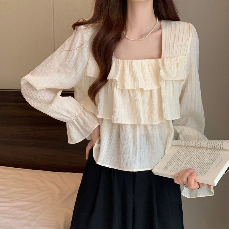 Áo Sơ Mi Cổ Vuông Ba Lớp Mỏng Phong Cách Thời Trang Mùa Thu Hàng Mới