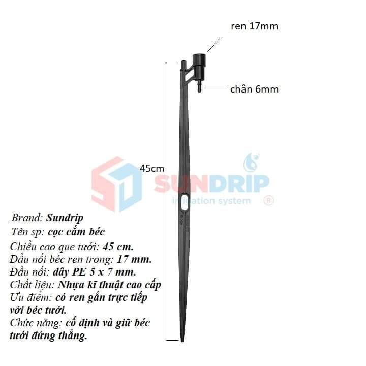 Cây cắm giữ béc phun mưa, cây căm béc 45cm có ren 17mm, cây cắm 45cm 2 đầu gài