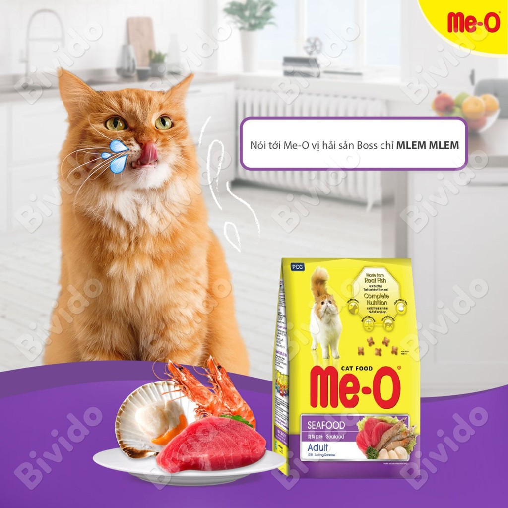 Thức ăn mèo lớn Me-O Adult vị cá thu, cá ngừ, hải sản túi 350g - Bivido