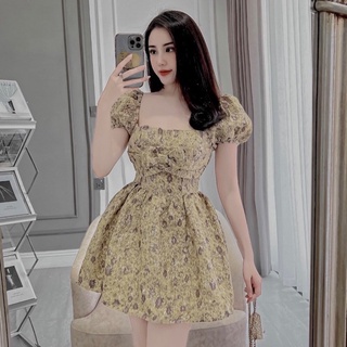 Váy gấm nhăn nơ ngực