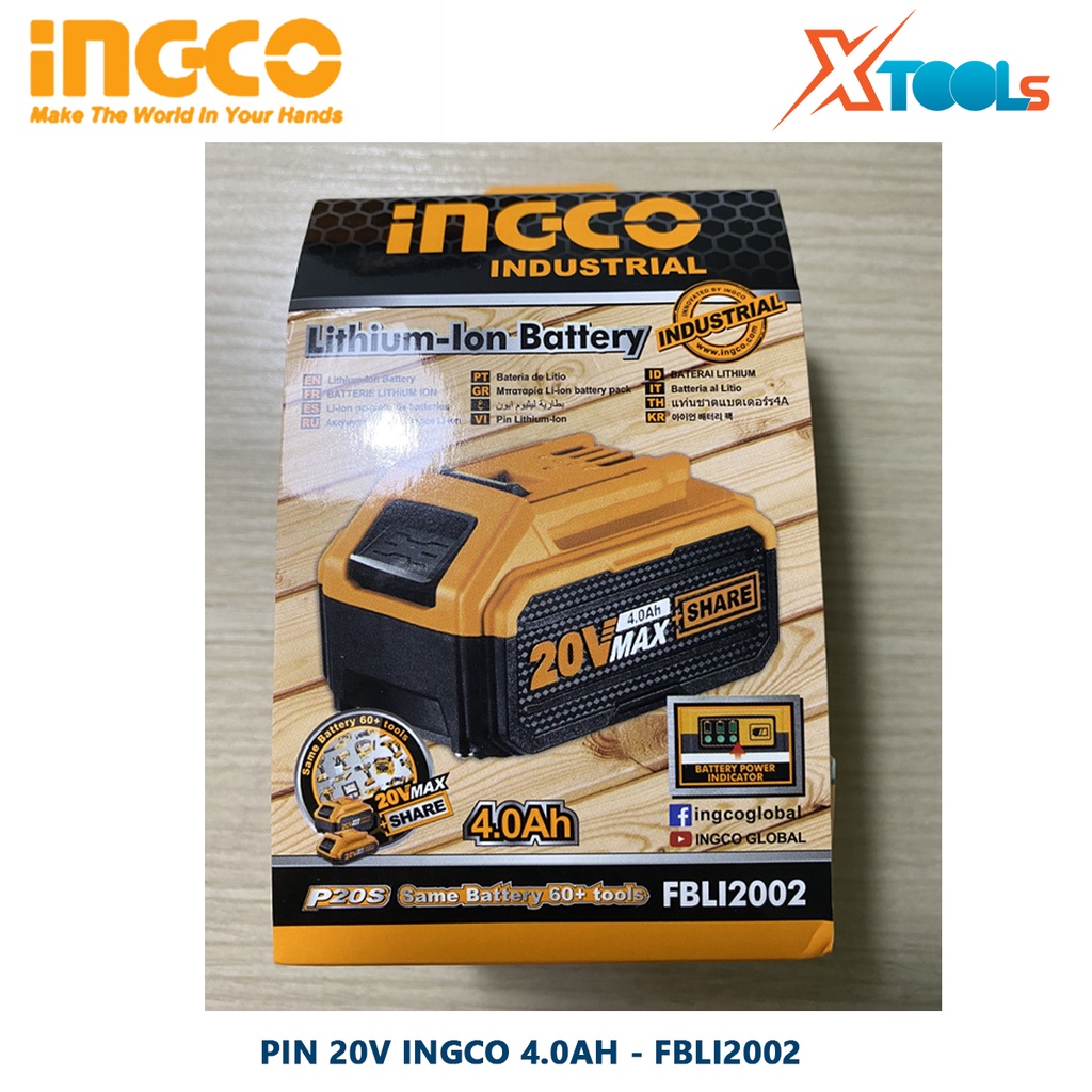 Pin 20v 4.0AH INGCO FBLI2002 | pin sạc có dung lượng pin Lithium-ion 4.0Ah, phù hợp cho nhiều máy pin 20V Total Ingco