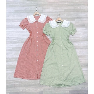 VÁY KẺ PHỐI CỔ BÈO CHUN EO VINTAGE