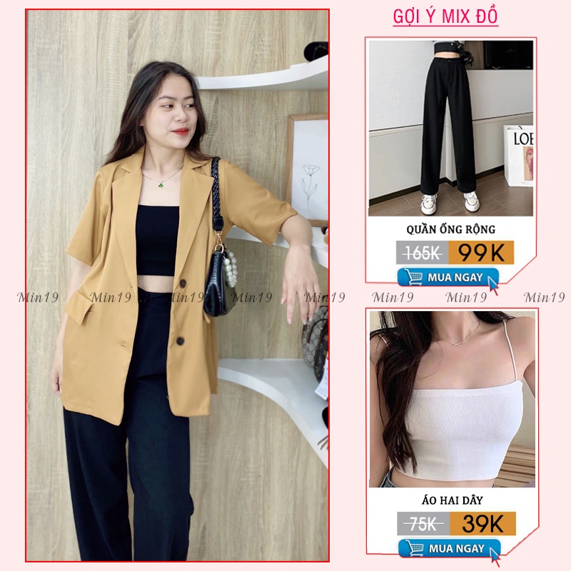 Áo Vest Nữ Blazer Công Sở Hàn Quốc 1 Lớp Tay Ngắn Form Rộng Túi Nắp Cá Tính Màu Trắng Đen Xanh Nâu