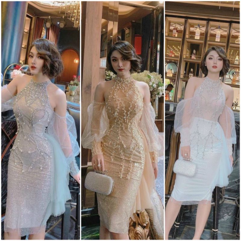 Đầm váy body kết kim sa treo cổ yếm rớt vai tay phồng