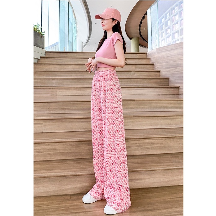 Quần dài ZHELIHANGFEI lưng cao ống rộng họa tiết hoa xinh xắn hợp thời trang