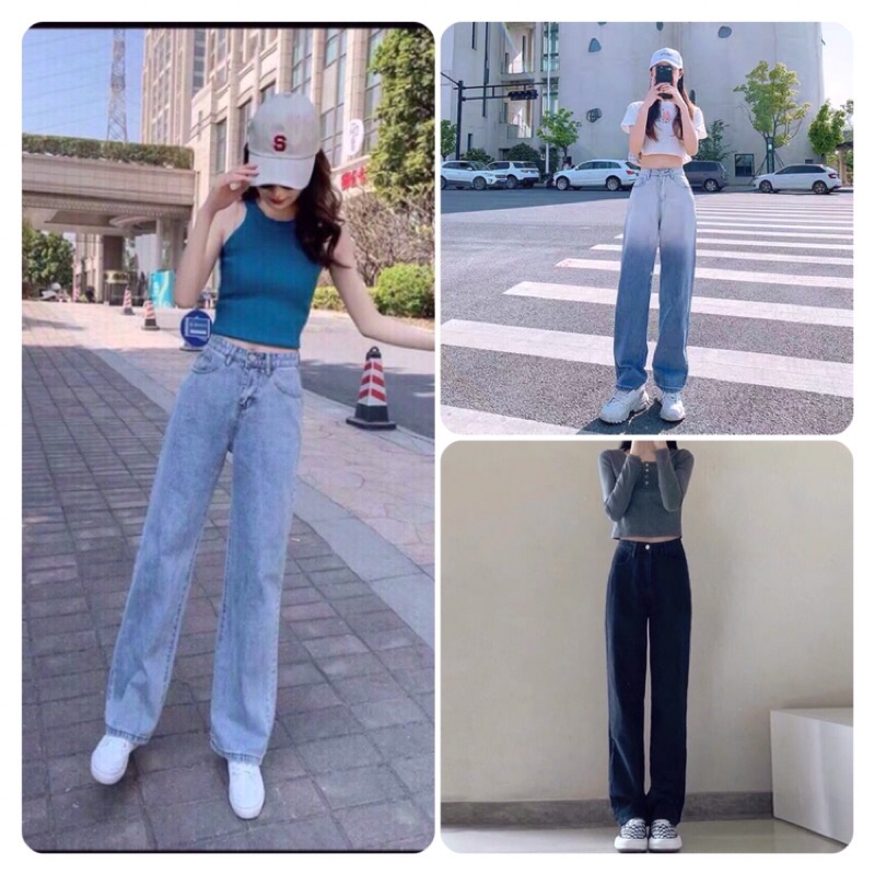 Quần jean bò ống rộng suông xuông nữ jeans cạp cao phong cách Hàn Quốc sành điệu style năm 2021
