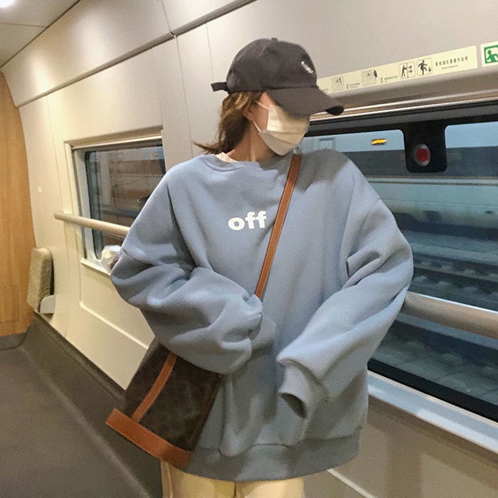 [Spot] Áo sweater chui đầu cổ tròn dáng rộng màu xanh sữa in chữ phong cách Hàn Quốc