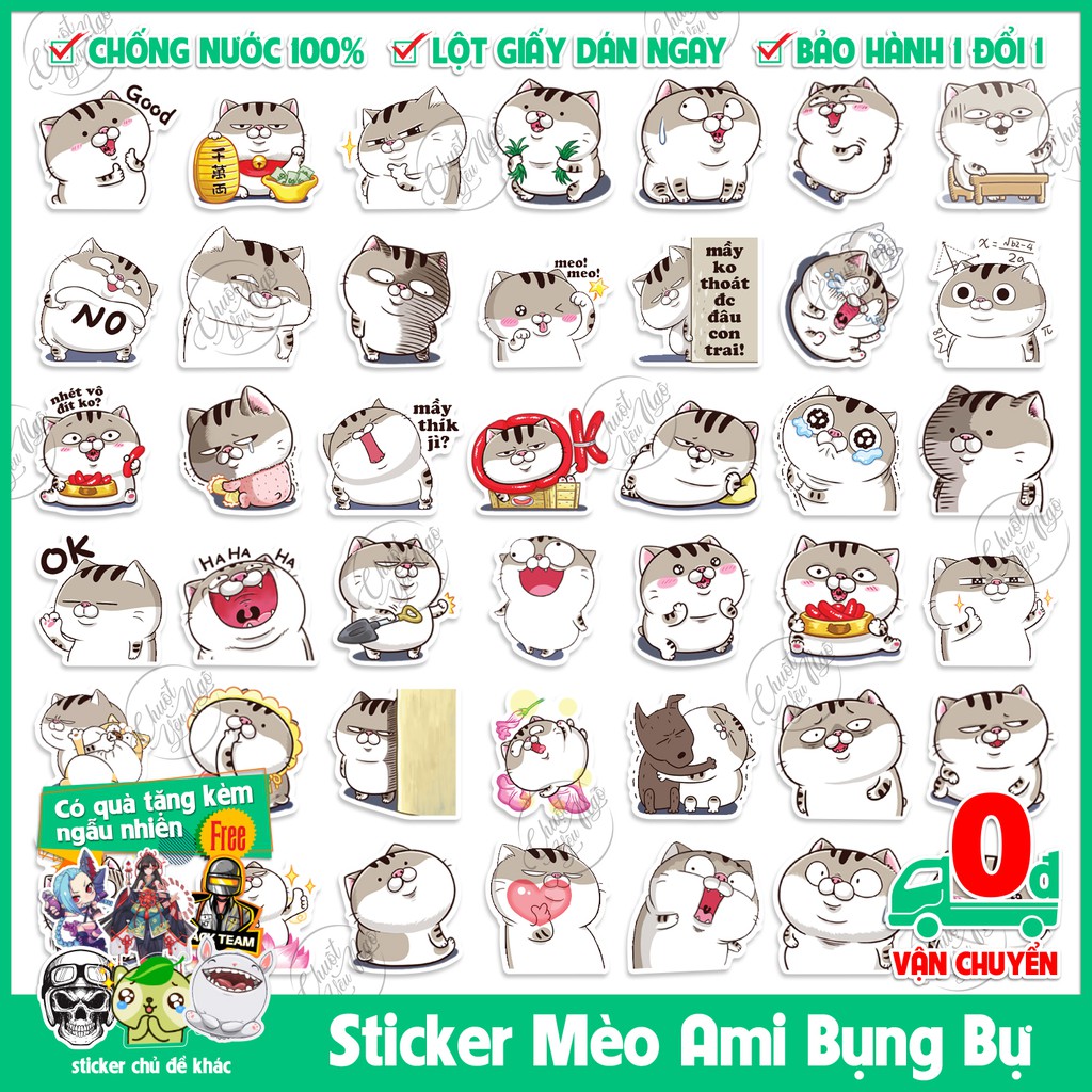 Combo 25/60/120/180 sticker decal hình dán chủ đề Mèo Ami bụng bự dễ thương xe, dán mũ bảo hiểm, dán laptop, điện thoại