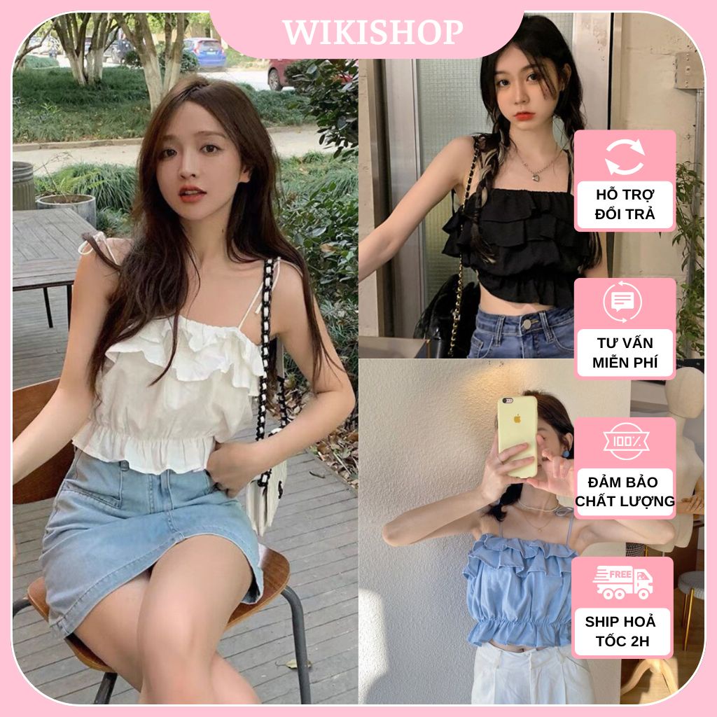 Áo 2 dây hở lưng, áo croptop buộc nơ vai bèo nhún nữ đen trắng xanh freesize hở eo sexy hàn quốc đi chơi Wikishop C408
