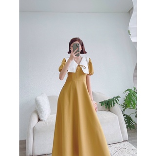 Đầm váy freesize vàng cổ trắng form dài