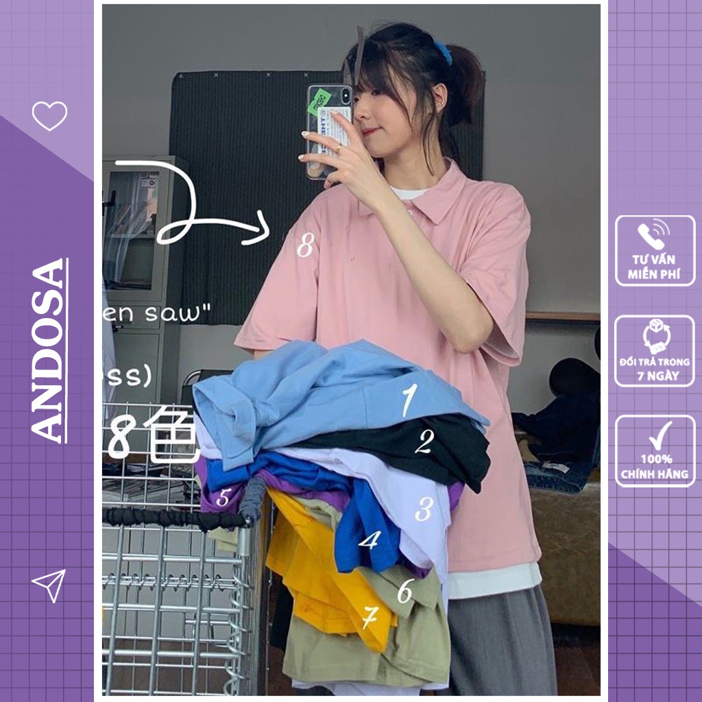 Áo thun polo nữ trơn basic unisex form rộng tay lỡ đẹp hàng Quảng Châu ANDOSA PL07