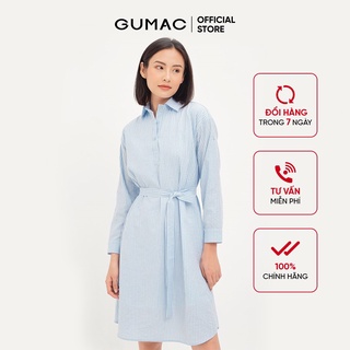Đầm suông nữ GUMAC form sơ mi tay dài, màu xanh đủ size DA12172