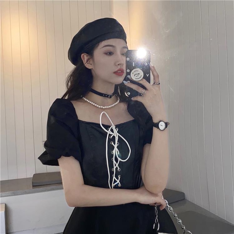 Đầm da PU IELGY cổ vuông phong cách cổ điển thời trang mùa hè dành cho nữ