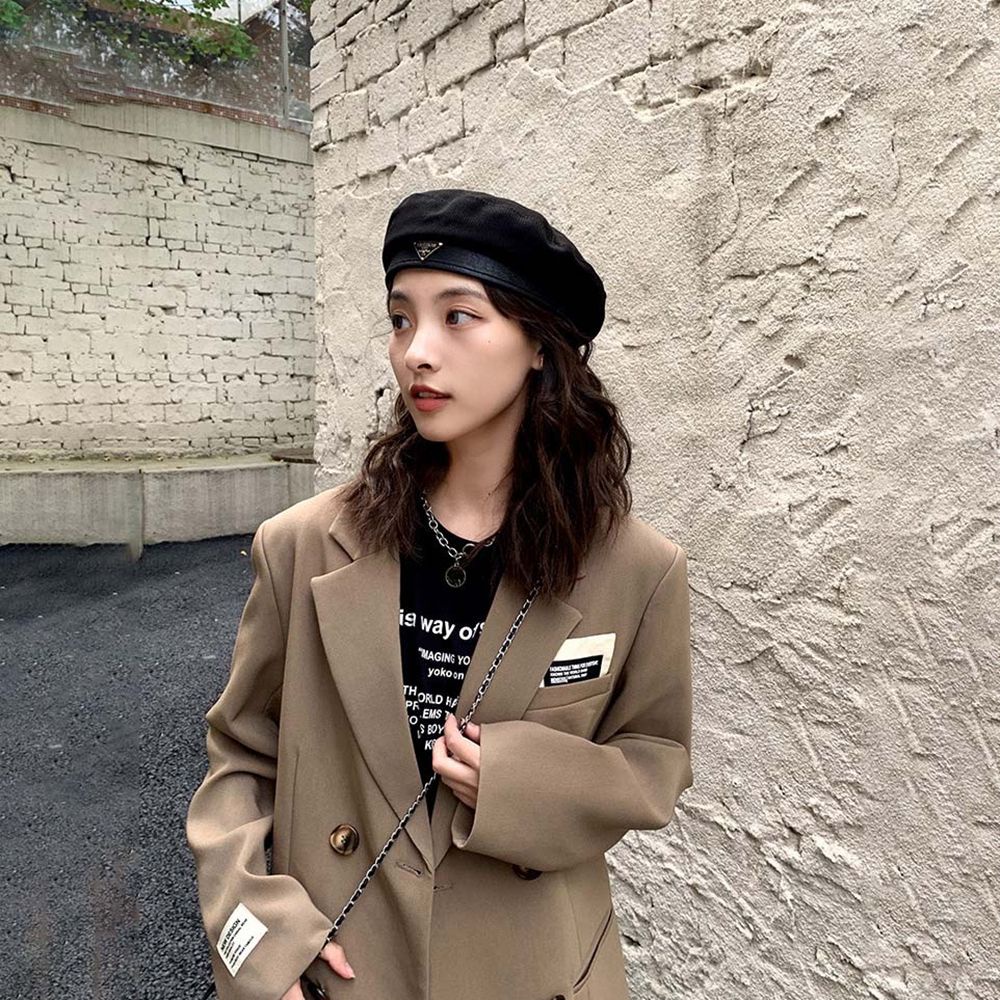 Mũ beret cotton phối da màu trơn đơn giản phong cách Hàn Quốc thời trang mùa thu cho nữ