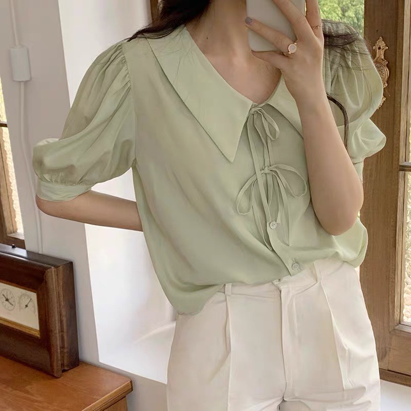 Áo sơ mi nữ tay phồng màu pastel cổ lạ thắt nơ xinh xắn tiểu thư phong cách Hàn Quốc 2022