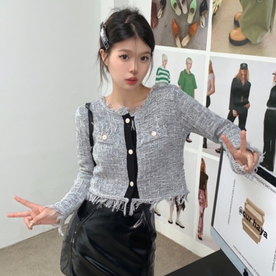 QKOOLE Áo khoác dệt kim tay dài cổ tròn phong cách Hàn Quốc cho nữ