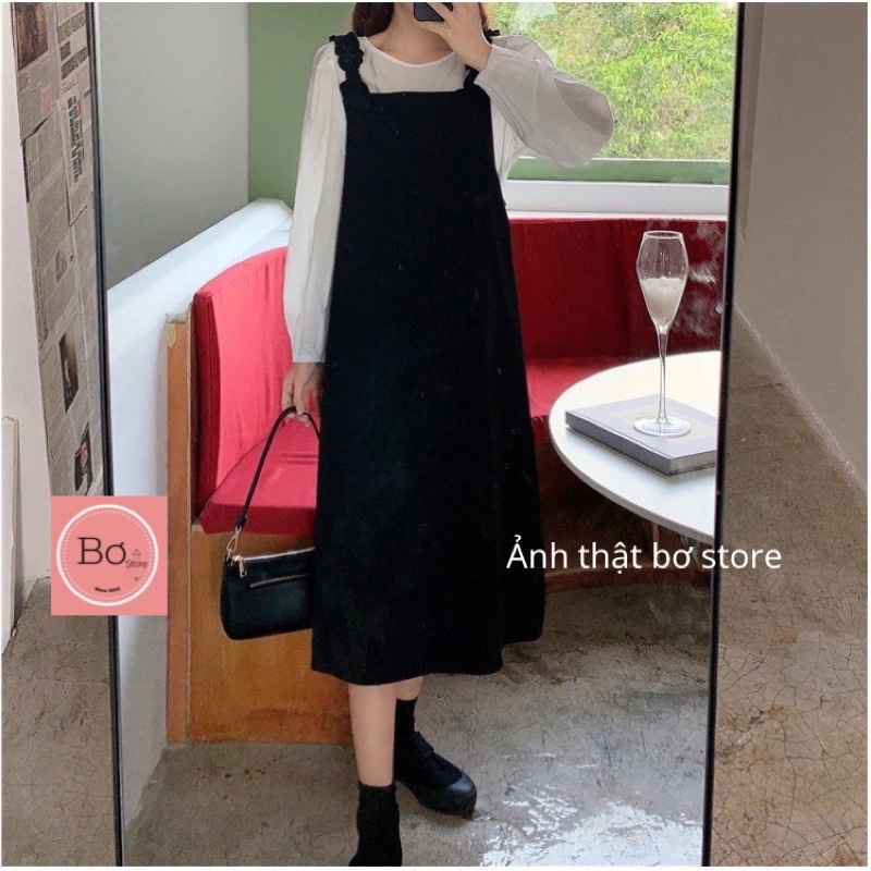 Set Váy Yếm Nhung Nhỏ Xẻ Tà Vintage Xinh Xắn Bơ Store | BigBuy360 - bigbuy360.vn