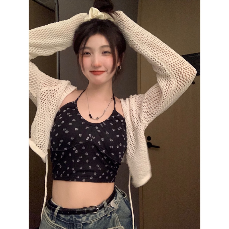 Porozi  Áo cardigan Ngắn Dệt Kim Mỏng Họa Tiết Hoa Thời Trang Hàn Quốc Cho Nữ