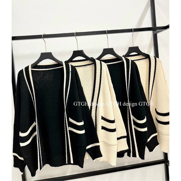 Áo Cardigan Len Nữ Dày Sọc Đen Trắng Có Túi, Cadigan Kẻ Kim Cương Ulzzang Hàn Quốc