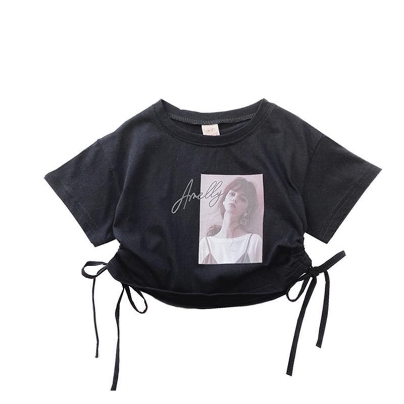 Áo Thun Cotton Ngắn Tay Lưng Cao Phối Dây Rút Thời Trang Cho Bé Gái