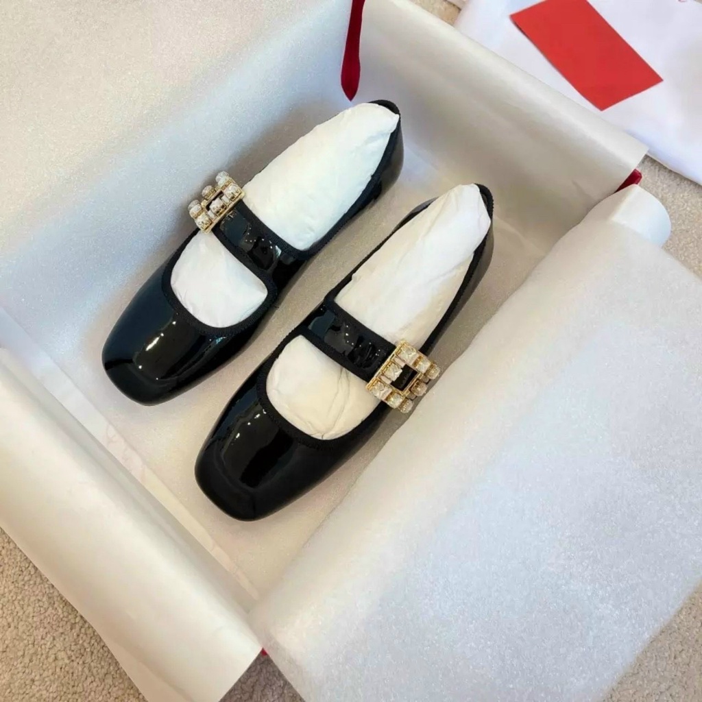 Giày búp bê nữ đế bệt da bóng quai ngang đính đá vuông phong cách xinh xắn cho nữ - Mã BG56