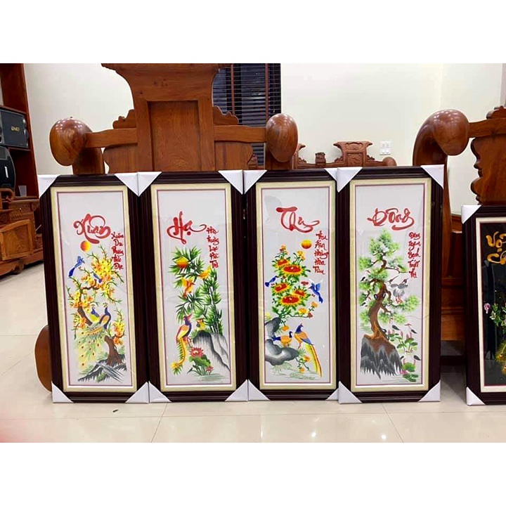Tranh treo tường phòng khách,  Tranh thêu Tứ quý Xuân hà thu đông thêu sẵn