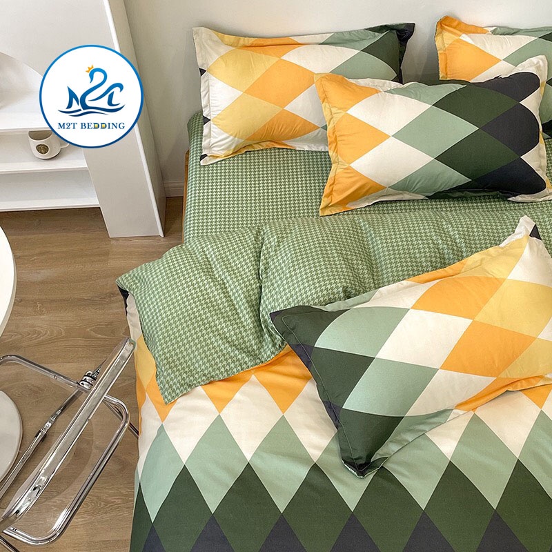 Bộ chăn ga gối Cotton Poly M2T Bedding, vỏ chăn mền, drap ga giường và 2 vỏ gối - PL ZZZ vàng xanh