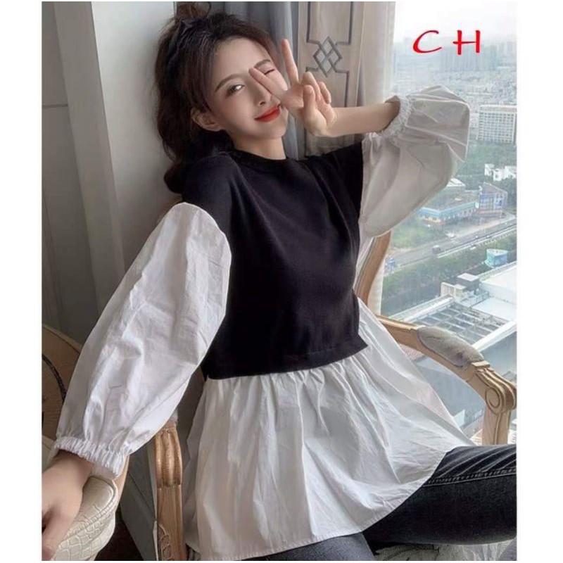 ảnh thật : áo babydoll cột nơ eo phối màu điệu đà - áo thun dài tay phối sơ mi buộc nơ điệu đà ,freesize giá rẻ hót | BigBuy360 - bigbuy360.vn