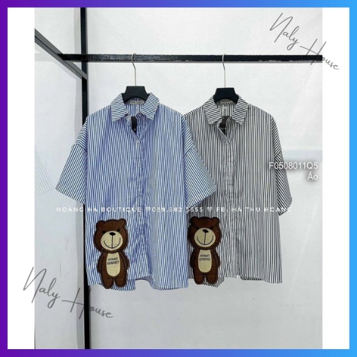 Áo Sơ Mi Nữ Ngắn Tay Kẻ Sọc Hình Gấu Dễ Thương Form Oversize Dáng Rộng